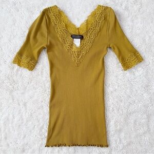 Y2K 90’s Rosemunde Woman Cotton Stretch Ribbed V-Neck Lace Trim Frill Top SMALL
